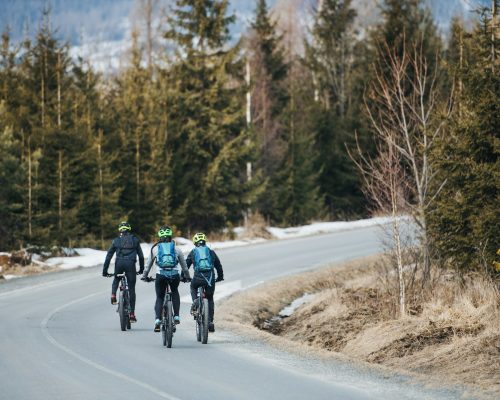 rear-view-of-mountain-bikers-riding-on-road-in-mountains-outdoors-in-winter-